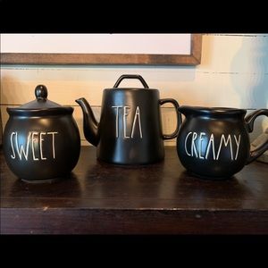 Rae Dunn Black Tea Pot set. “Tea”, “Sweet”, and “Creamy”